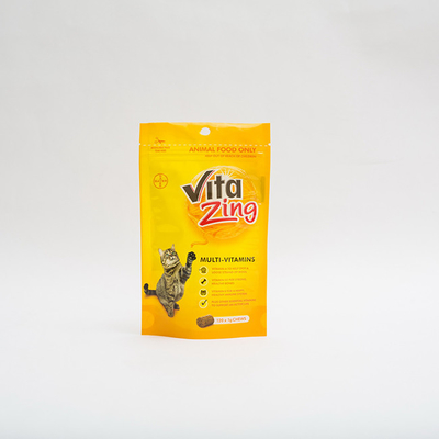 92 Mikron PE80 Stand Up Pet Food Packaging Bag Paket Makanan Kucing Multivitamin Plastik