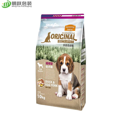 160 Mikron 10kg Tas Gusset Sisi Bawah Datar Pet Dog Food Kemasan Ritsleting Kulit Depan