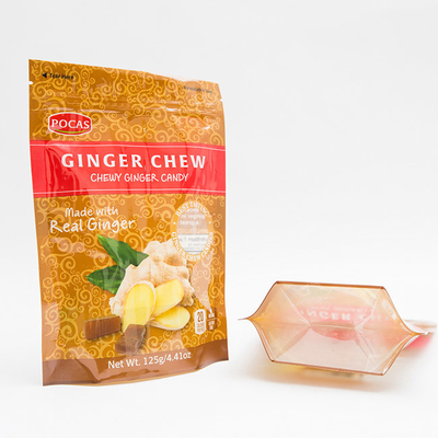 125g PE80 PET12 Candy Pouch Bag Ginger Chew Dengan Jendela Dan Gusset Bawah